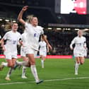 Georgia Stanway wheels away in celebration after firing England ahead against Korea at Stadium MK