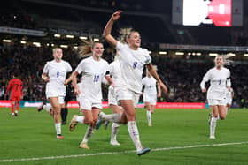 Georgia Stanway wheels away in celebration after firing England ahead against Korea at Stadium MK