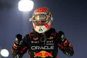 Max Vertsappen celebrates winning the Bahrain Grand Prix