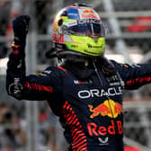 Sergio Perez celebrates his fifth career victory on Sunday after winning the Saudi Arabian Grand Prix