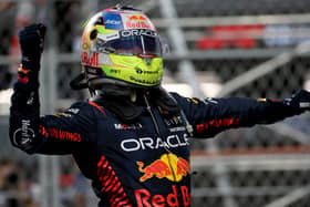 Sergio Perez celebrates his fifth career victory on Sunday after winning the Saudi Arabian Grand Prix