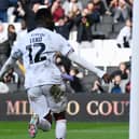 Jonathan Leko celebrates his second MK Dons, the winner against Morecambe on Saturday