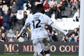 Jonathan Leko celebrates his second MK Dons, the winner against Morecambe on Saturday