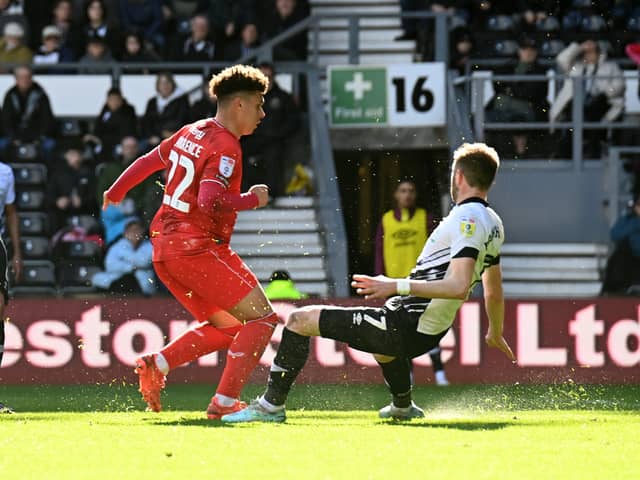 Henry Lawrence’s second-half strike earned Dons a point at Derby County on Easter Monday