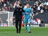 Daniel Harvie and Jamie Cumming during Dons’ ‘lap of appreciation’ on Saturday