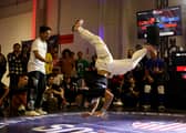 B-Boy Gravity, also known as Miguel Rosario, competes in the Semifinal battle against B-Boy Tahu during the Breaking For Gold USA regional competition at Industria on April 22