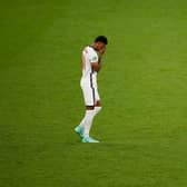 Marcus Rashford reacts after missing England's third penalty in the penalty shoot out during the UEFA Euro 2020 Championship Final against Italy (Photo by John Sibley - Pool/Getty Images)
