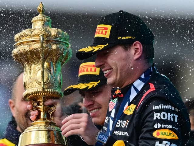 Max Verstappen cruised to his first British Grand Prix victory on Sunday, holding off home-crowd favourites Lando Norris and Lewis Hamilton. Pic: AFP via Getty
