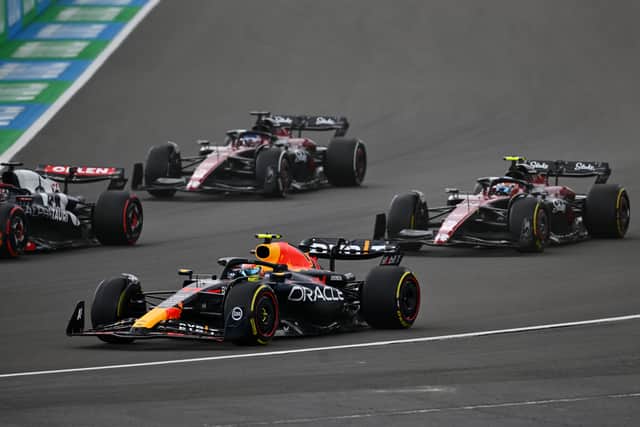Sergio Perez laboured at the wrong end of the pack in the opening laps after another poor qualifying performance at Silverstone. Pic: Getty
