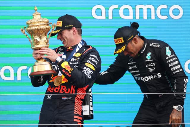 Verstappen was joined on the podium by Lewis Hamilton. Pic: Getty