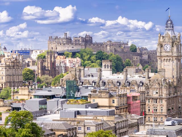 Edinburgh Castle with Cityscape from Calton Hill, Edinburgh, Scotland UK
