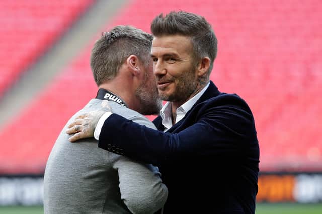 Graham Alexander with one of Salford City’s backers, former England captain David Beckham. Pic: Getty