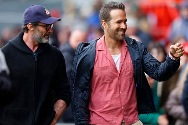 Hugh Jackman joined Ryan Reynolds at Wrexham on Saturday for the defeat to MK Dons. Pic: Getty