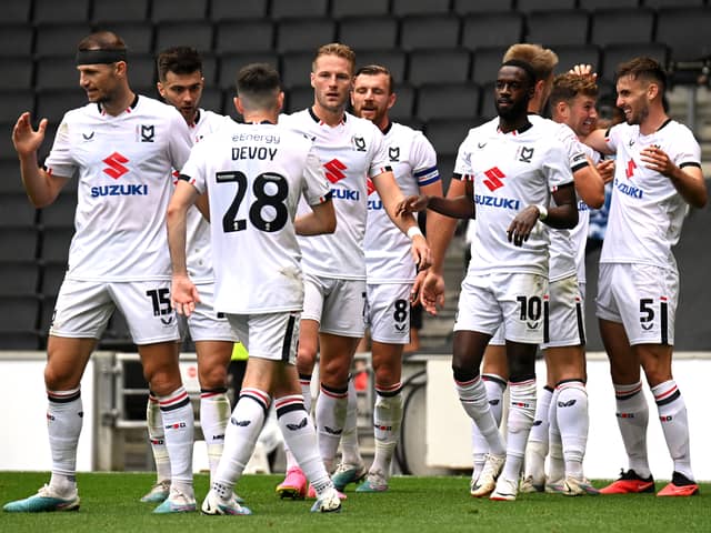 MK Dons celebrate Warren O’Hora’s second goal at Stadium MK