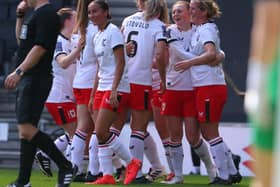 MK Dons celebrate scoring against Chatham Women on Sunday. Pic: CTF Photography