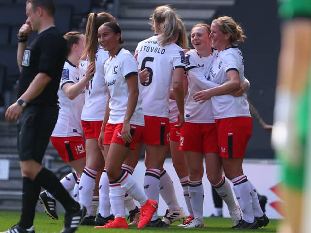 MK Dons celebrate scoring against Chatham Women on Sunday. Pic: CTF Photography