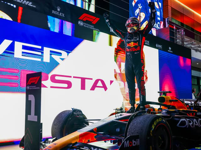 Max Verstappen celebrates his win in Sunday’s Qatar GP