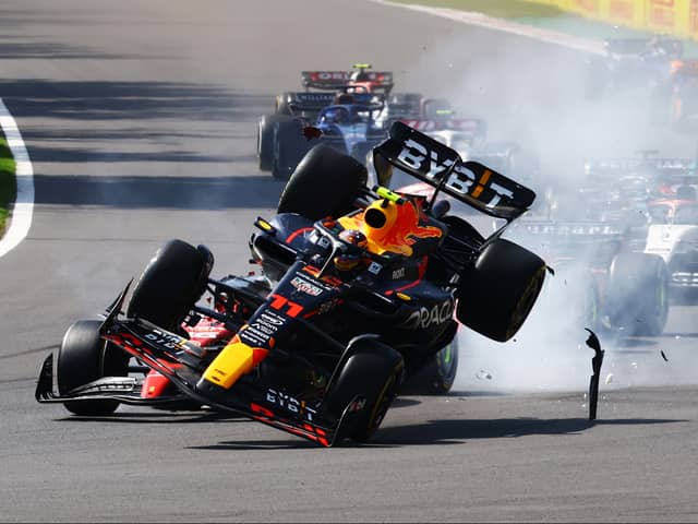 Sergio Perez’s Mexican Grand Prix hopes were ended at the first corner of the first lap on Sunday when he sandwiched Charles Leclerc and was sent into the air
