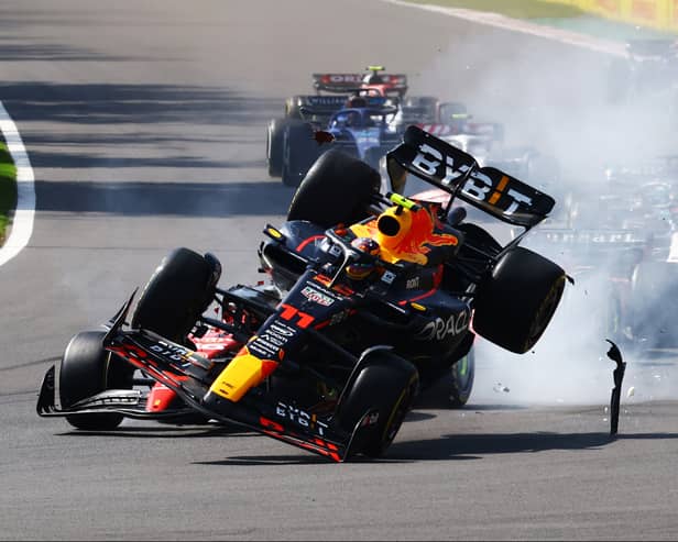 Sergio Perez’s Mexican Grand Prix hopes were ended at the first corner of the first lap on Sunday when he sandwiched Charles Leclerc and was sent into the air