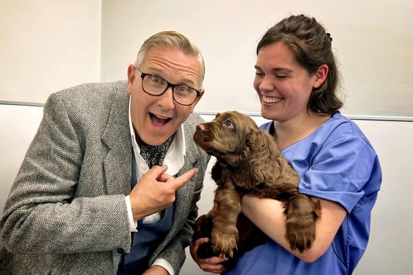 Sussex spaniel Elton, who has recovered from paralysis, with veterinary physiotherapist Holly Finelli and master dog trainer Graeme Hall