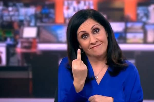 BBC News presenter Maryam Moshiri has apologised after she raised her middle finger to camera seconds before beginning her news bulletin. (Credit: BBC News)