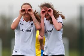 Emily Wilson and Gemma Biggadike celebrate MK Dons' emphatic semiDo-final win. Pic: CTF Photography