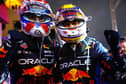 Max Verstappen and Sergio Perez celebrate their 1-2 finish in Bahrain