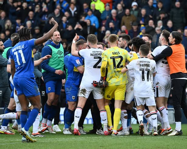 MK Dons and AFC Wimbledon clashed at the end of the game at Plough Lane last weekend