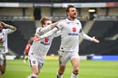 Alex Gilbey celebrates his tenth goal of the season