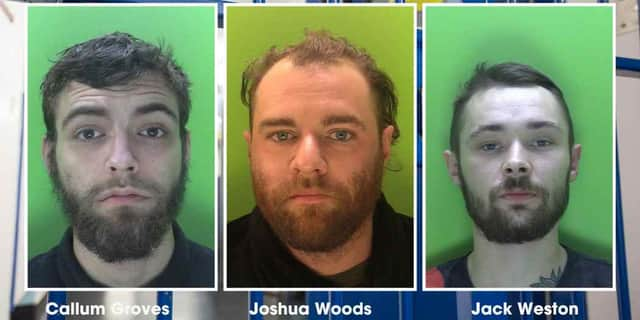 Callum Groves, Joshua Woods, and Jack Weston charged a convenience store and threatened a shopkeeper. 