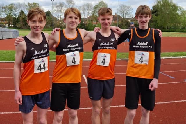 The winning M15 4 x 300m relay team: Morgan Bunn, Harvey Wood, James Parker and Nathan Prideaux