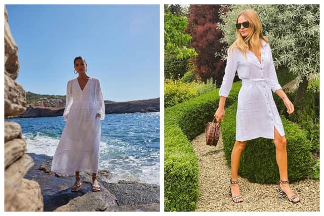 These very different white dresses are both available from M&S
