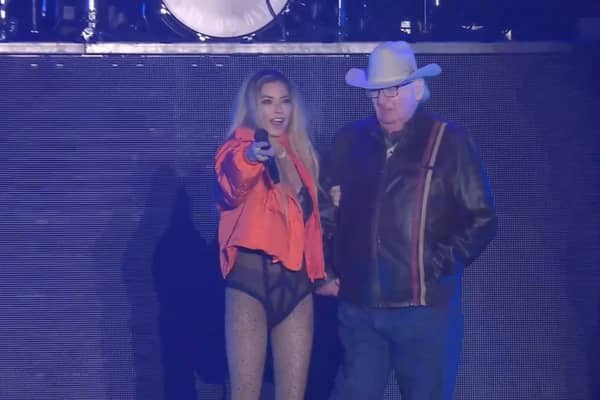 Shania Twain invites 81 year old superfan, Ken, on stage during her set at Lytham Festival.