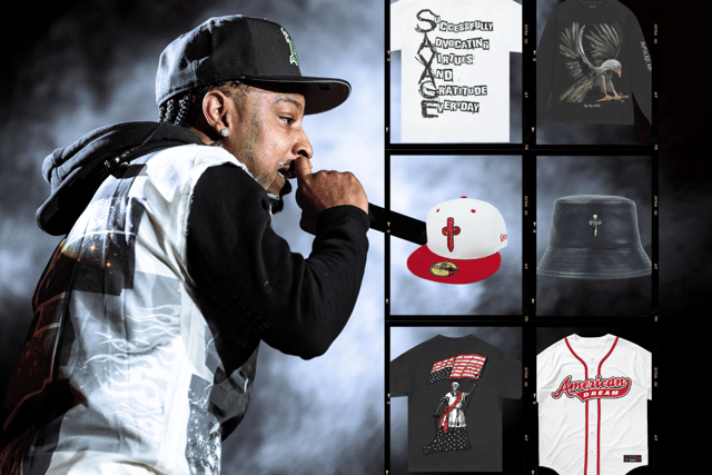 Could the likes of 21 Savage's baseball jersey or leather bucket cap be available to buy during the rapper's shows in the UK this year? (Credit: Getty Images/21 Savage Store)