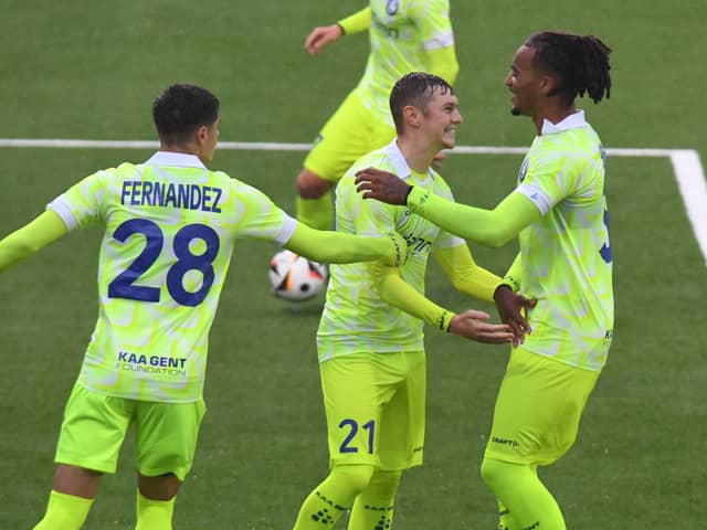 Max Dean celebrates scoring his first goal for Gent in the Europa Conference League