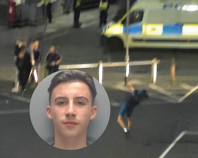 Cole Stewart, 18, who was caught on CCTV “celebrating” after throwing bricks at police officers has been convicted.