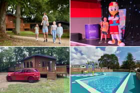 Clockwise from left: the woodland lodges at Landguard; Eddie on stage with Sid the Seagull; the outdoor pool; our lodge
