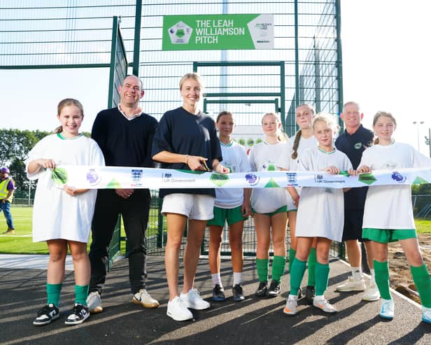 Leah Williamson at Newport Pagnell FC with the Football Foundation. Pic: Jed Leicester