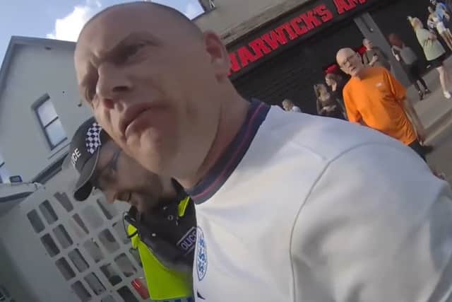Roger Haywood was arrested after attacking police officers and spouting abuse during a protest in Blackpool