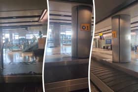 “Sewage” water pours onto baggage carousel at airport.