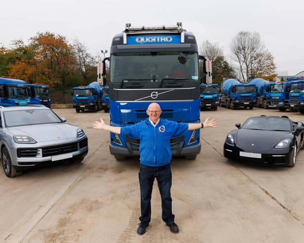 Jimmy Callaghan, Omaze double Porsche Early Bird winner with his brand new Cayenne and Boxter cars alongside his work lorry. 