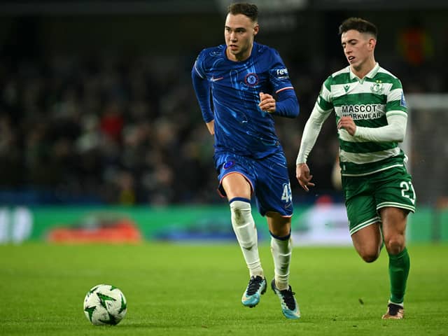 Darragh Burns battles with Chelsea's Harvey Vale at Stamford Bridge