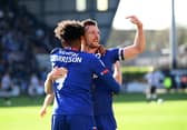 Alex Gilbey celebrates Ellis Harrison's goal at Meadow Lane last season