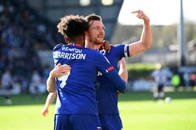 Alex Gilbey celebrates Ellis Harrison's goal at Meadow Lane last season