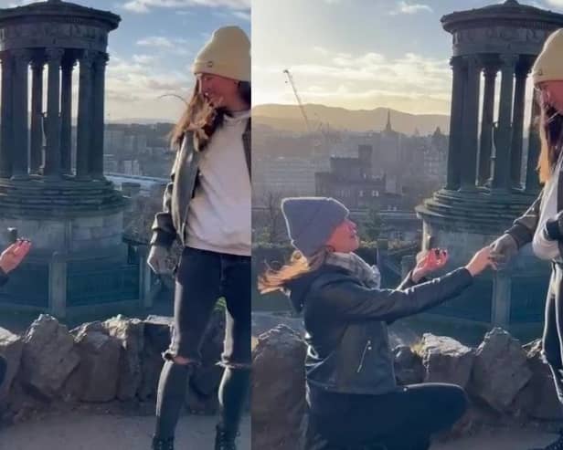 Heart-warming moment couple surprise each other during proposal.