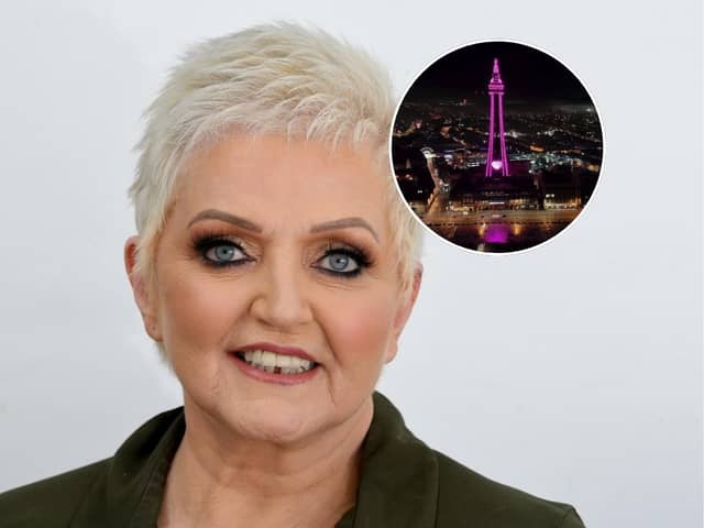 Linda Nolan has sadly passed away, aged 65. Inset: Tower lit up pink for Linda