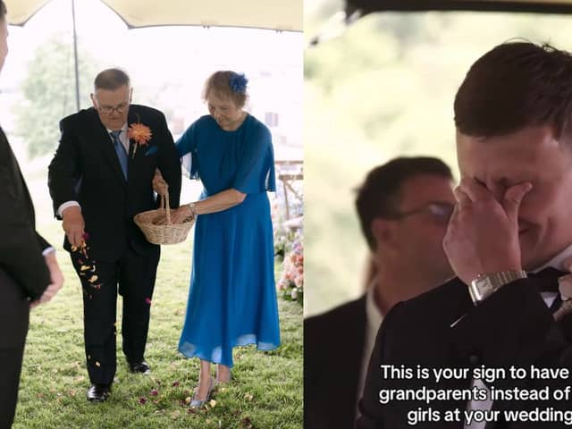 Groom’s grandparents walk down the aisle instead of flower girls.