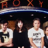 Stephen Morris, Gillian Gilbert, Bernard Sumner, and Peter Hook, of the band New Order, at the Roxy, London, 1986. 