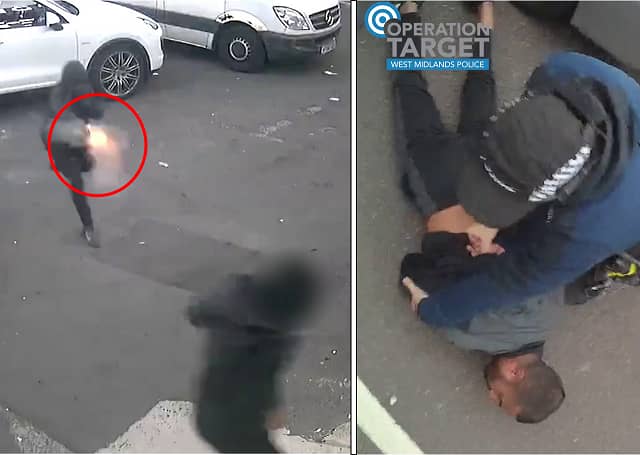 Gunman shoots victim before he’s arrested by armed police.