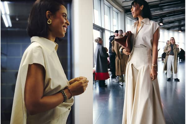 Rochelle Humes at the ROKSANDA LFW A/W show on February 23, showcasing an outfit from the designer’s extensive archive that has been renewed with Dylon Detergent.
